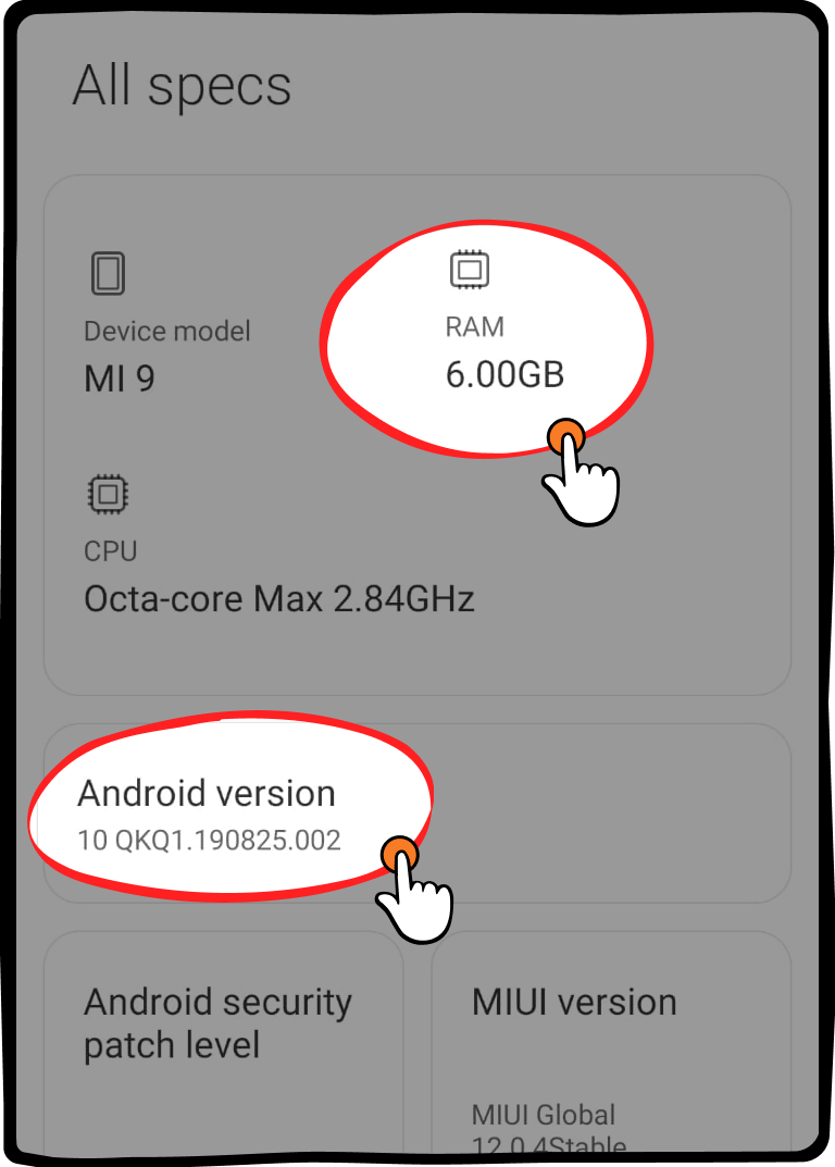 Look for "Android version" and "RAM"